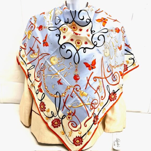 Unused-Scarf  PROJECT 100% silk satin, 34" x34 Art Designs blue ivery yellow (49 - Picture 1 of 9